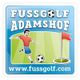 Logo von Fussgolf Adamshof mit spielendem Mann, Fußball und Fahne. Webseite: www.fussgolf.com.