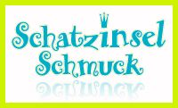 Text "Schatzinsel Schmuck" in blauer Schrift mit Krone, gelber Rahmen, auf weißem Hintergrund.