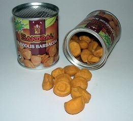Offene Dose mit gebackenen Ravioli-Happen, auf weißem Hintergrund verteilt.