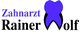 Zahnärztelogo mit blauem Zahn und dem Text "Zahnarzt Rainer Wolf".