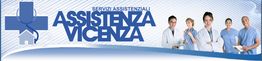 Personale medico in uniforme accanto al logo di Assistenza Vicenza su sfondo blu e bianco.