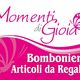 Logo rosa con testo "Momenti di Gioia", farfalla stilizzata e "Bomboniere Articoli da Regalo".