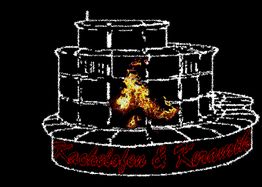 Zeichnung eines Kachelofens mit Flammen, Text "Kachelofen & Keramik" in roter Schrift darunter.