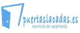 Logotipo de puertaslacadas.es con dibujo de puerta abierta y texto "servicios de carpintería".