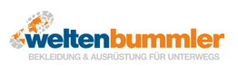 Logo von "weltenbummler", mit Slogan: Bekleidung & Ausrüstung für unterwegs, daneben eine Weltkarte.