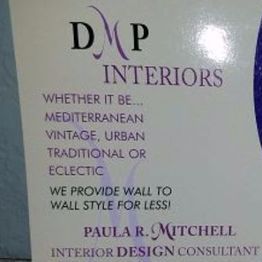 Flyer for DMP Interiors and Paula R. Mitchell, interior design consultant.