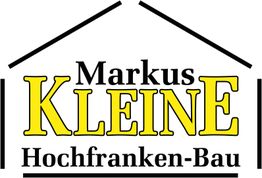 Logo mit Text: "Markus Kleine Hochfranken-Bau" in Schwarz und Gelb, mit stilisiertem Hausdach.