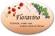Floravino-Logo mit Blumen, Weintrauben und zwei Herzen. Text: Floristik, Wein und schöne Dinge.