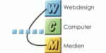 Bunte Blöcke mit Buchstaben W, C, M, verbunden mit den Wörtern Webdesign, Computer, Medien.