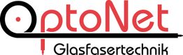 Logo mit Aufschrift: "OptoNet Glasfasertechnik", rote und schwarze Schrift mit Kabelmotiven.
