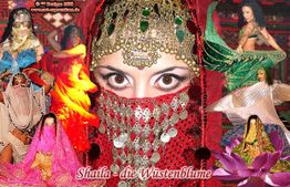 Bunte Collage mit tanzenden Frauen in orientalischen Kostümen, Schriftzug "Shaila - die Wüstenblume".