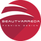Logo Beautyarreda Fashion Design, cerchio rosso con scritte bianche stilizzate.