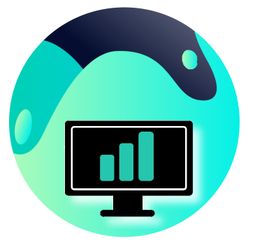 Computermonitor mit Balkendiagramm vor blau-grünem Hintergrund mit abstraktem Design.