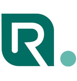Logotipo verde con una letra "R" estilizada y un punto azul claro en la esquina inferior.