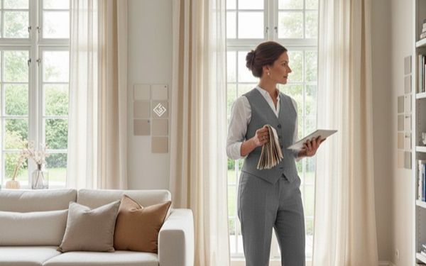 Eine Frau mit Stoffmustern in der Hand steht in ihrem hellen Wohnzimmer und überlegt, welche Faber am besten als Vorhang passt.
