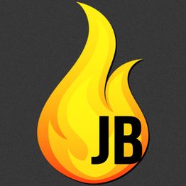 Gelbes und orangefarbenes Flammenlogo mit den Buchstaben "JB" auf dunkelgrauem Hintergrund.