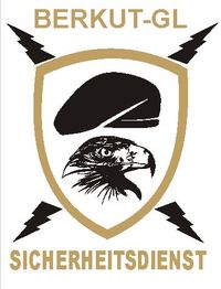 Logo mit Adlerkopf, Mütze, vier Blitzen und Text: "BERKUT-GL Sicherheitsdienst".