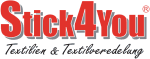 Logo von Stick4You mit rotem Schriftzug und Text "Textilien & Textilveredelung" in Schwarz.