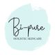 Blauw logo met de tekst "Bi-pure Holistic Skincare" in zwarte, sierlijke letters.