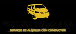Furgoneta amarilla sobre texto: "MATIAS TALAVERA, SERVICIO DE ALQUILER CON CONDUCTOR".
