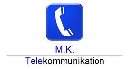 Blaues Telefonsymbol über "M.K. Telekommunikation".
