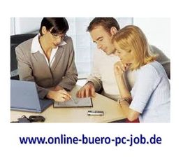 Geschäftstreffen mit einem Laptop und Notizbuch auf einem Tisch. Webseite: online-buero-pc-job.de