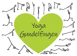 Grünes Herz mit "Yoga Gundelfingen" und umgebenden Strichfiguren in Yoga-Posen.
