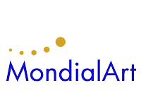 MondialArt-Logo mit blauen Buchstaben und goldenen Punkten darüber.