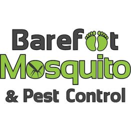 "Logo for Barefoot Mosquito & Pest Control with mosquito and bare feet design elements."