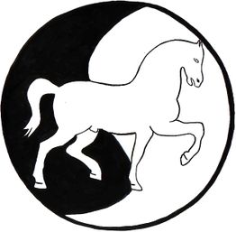 Schwarz-weißes Yin-Yang-Symbol mit Pferd, das in der Mitte geteilt ist.