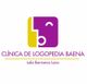 Logotipo de la Clínica de Logopedia Baena, colores morado y amarillo.