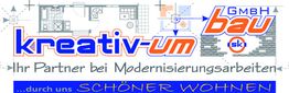 Logo der kreativ-um bau GmbH mit Grundriss und Slogan: "Ihr Partner bei Modernisierungsarbeiten".