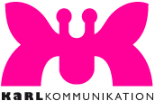 Pinke Schmetterlingsgrafik über schwarzem Text: "Karl Kommunikation".