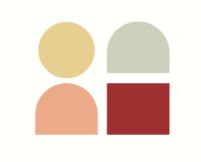 Vier farbige Formen: gelber Kreis, graues Halboval, orange Form, rotes Quadrat.