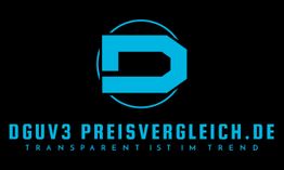 Blaues Logo "D" mit Text "DGUV3 Preisvergleich.de" und "Transparent ist im Trend" in Blau.