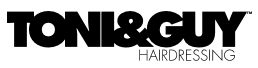 Logo di "Toni & Guy Hairdressing" in caratteri neri su sfondo bianco.