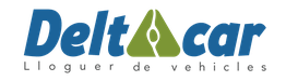Logo de Deltacar, alquiler de vehículos, con letra azul y triángulo verde con una llave.