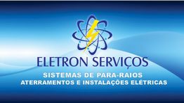 Logotipo da Eletron Serviços com símbolo de raio e texto sobre serviços elétricos.
