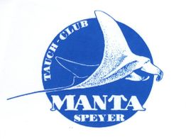 Blaues Logo mit Manta, Text: "Tauch-Club Manta Speyer" in einem Kreis.