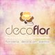 Logo de Decoflor Toledo con fondo colorido, flor marrón y texto: floristería, decoración, eventos.