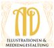 Goldenes AD-Logo mit dekorativem Rahmen und Text: "Illustrationen & Mediengestaltung".
