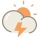 Sonne hinter Wolke mit Blitzsymbol, symbolisiert wechselhaftes Wetter.