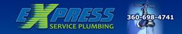 Express Service Plumbing logo in blue and green with a faucet illustration and phone number.