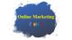 Text "Online Marketing Platz 1" auf blauem Hintergrund mit Farbkleckse.