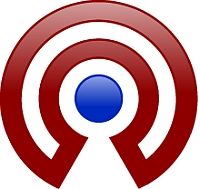 Rotes Kreissymbol mit konzentrischen Linien und blauem Punkt in der Mitte.