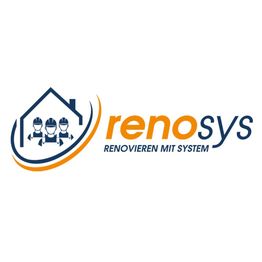 Logo von "reno sys" mit drei Bauarbeitern vor einem Haus, Text: "Renovieren mit System".