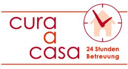 Logo mit Text "cura a casa" und "24 Stunden Betreuung", daneben ein Haus mit Uhrzeiger.