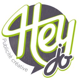 Logo avec le texte "Hey jo" en lettres vertes et grises, "Publicité créative" en italique.