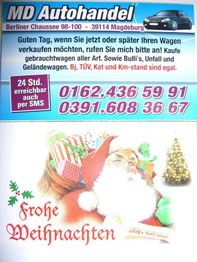 MD Autohandel-Anzeige mit Kontaktinfos und Weihnachtsgruß, illustriert mit einem Weihnachtsmann.