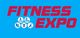 "Fitness Expo logo with exercise icons on a blue background."